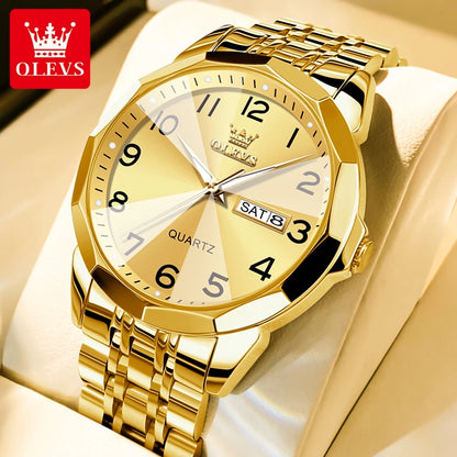 OLEVS 9970 Men Watch Original Brand Waterproof Luminous Quartz Watch Rhombus Mirror Stainless Steel Date-Day-Date Watch With Box