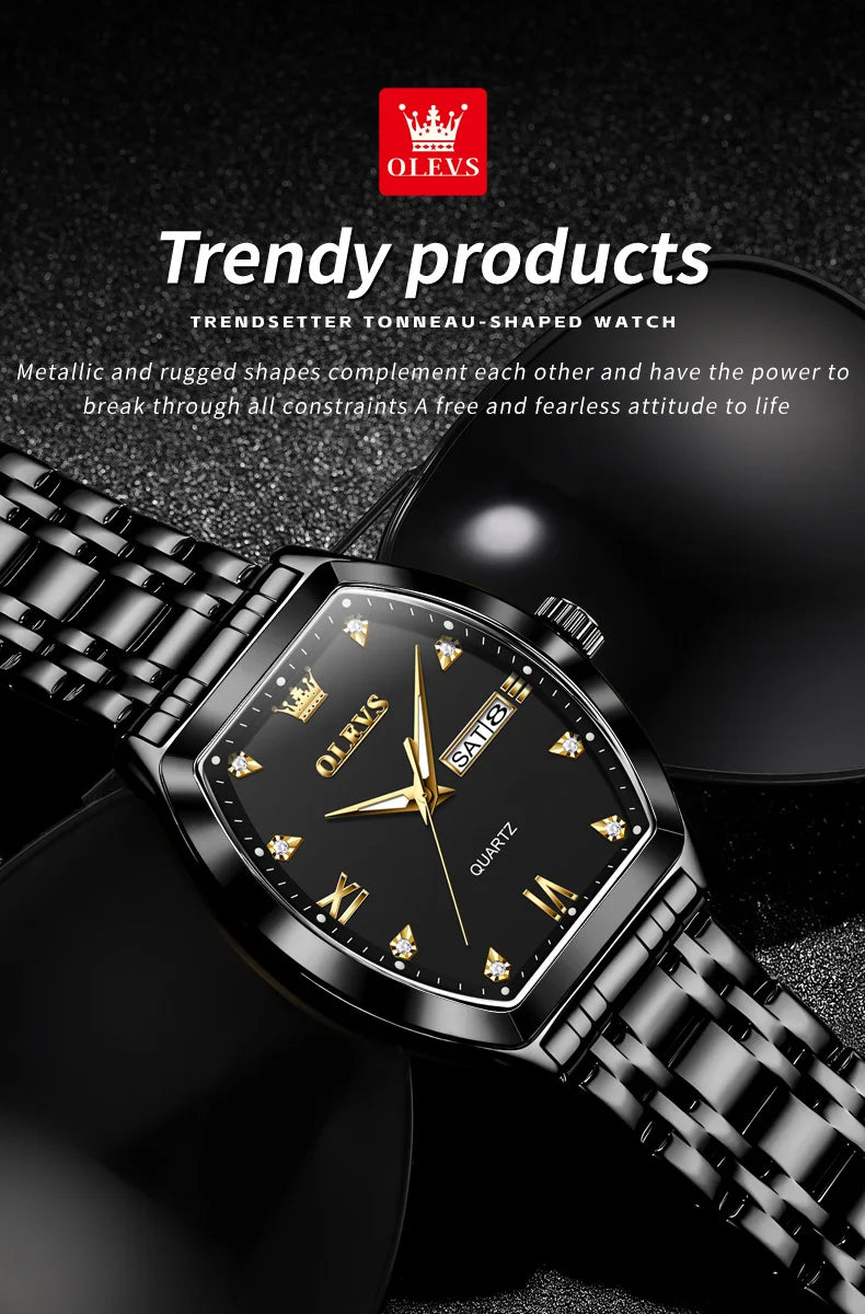 OLEVS New Men's Watches Quartz Luxury Gold Watch Classics Tonneau Dial Top Brand Waterproof Luminous Quartz Watch for Men 5528
