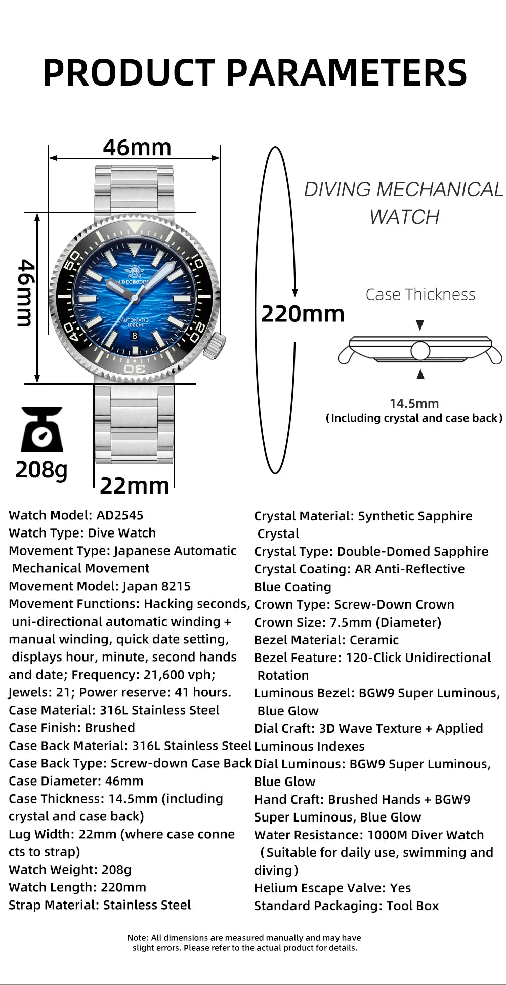 ADDIESDIVE new men's watch sapphire gradient dial BGW9 luminous Japanese 8215 mechanical watch 1000m waterproof watch AD2545