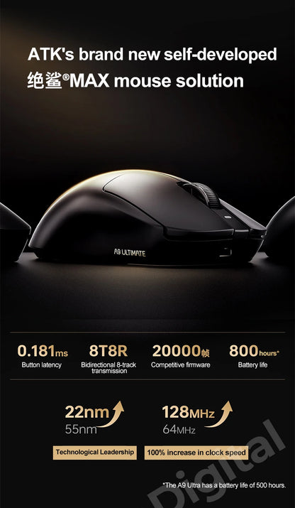 „ATK Dragonfly A9 Ultimate“ belaidė žaidimų pelė, „PAW3950 Ultra 8 kHz“ ergonomiška lengva žaidimų pelė, skirta FPS, e. sportui ir „CSGO“