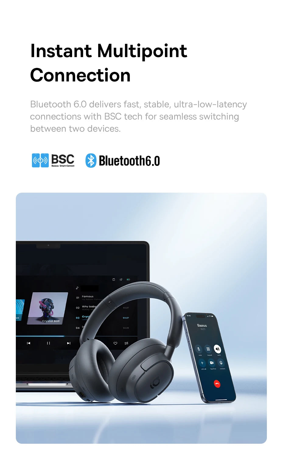 Casque sans fil Baseus ANC, écouteurs supra-auriculaires 80H, réduction de bruit à 95%, casque Bluetooth 6.0