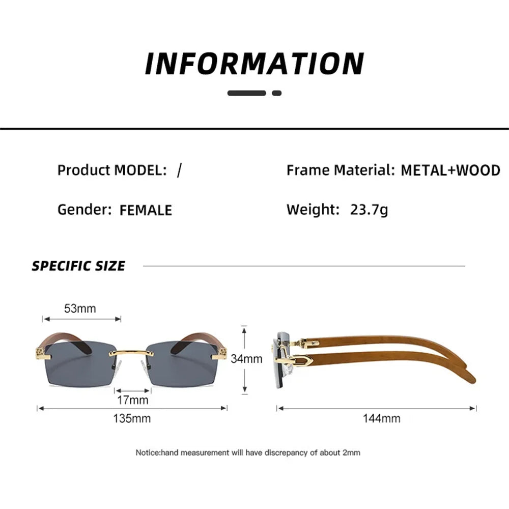 Rectangle Fashion Rimless Sunglasses for Women Men Gangster 90s Frameless Shades Retro Vintage Trendy Wooden Frame Eyewear
