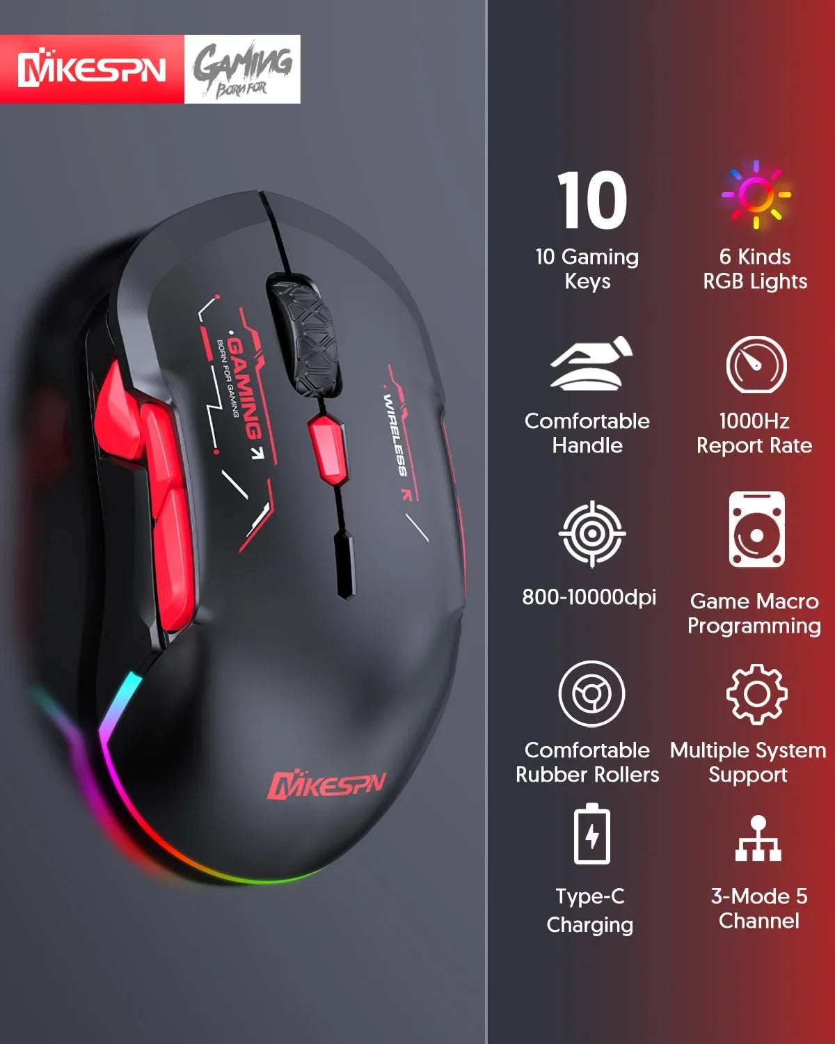 Mouse gaming macro MKESPN W12 a 10 pulsanti, ambidestro, wireless Bluetooth multi-canale tri-mode, grande RGB ergonomico