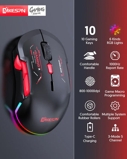 Mouse gaming macro MKESPN W12 a 10 pulsanti, ambidestro, wireless Bluetooth multi-canale tri-mode, grande RGB ergonomico