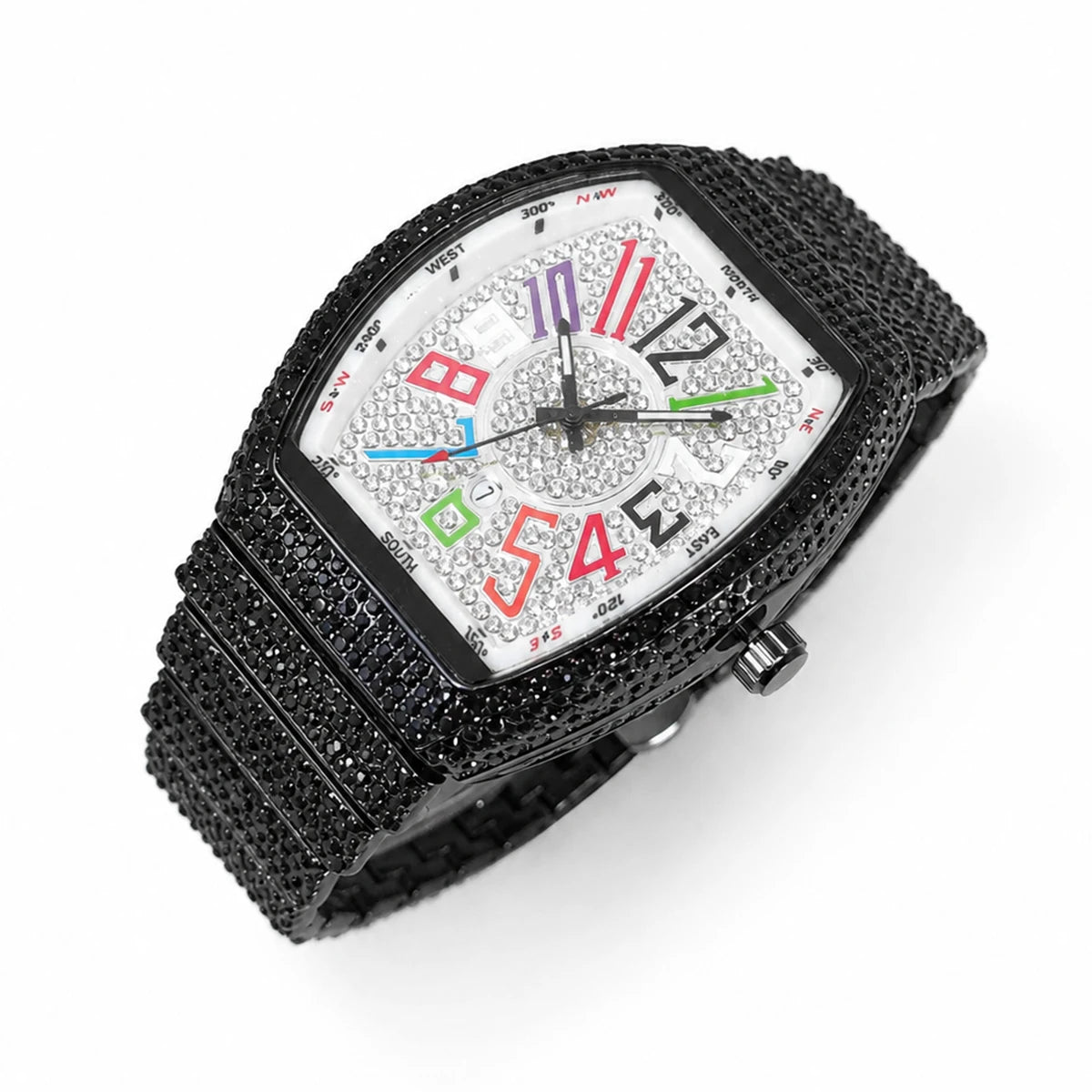 Men's Luxury Barrel-Shaped Quartz Watch With Black Iced Diamond Rainbow Number Dial Luminous Hands Watches For Man Dropshipping