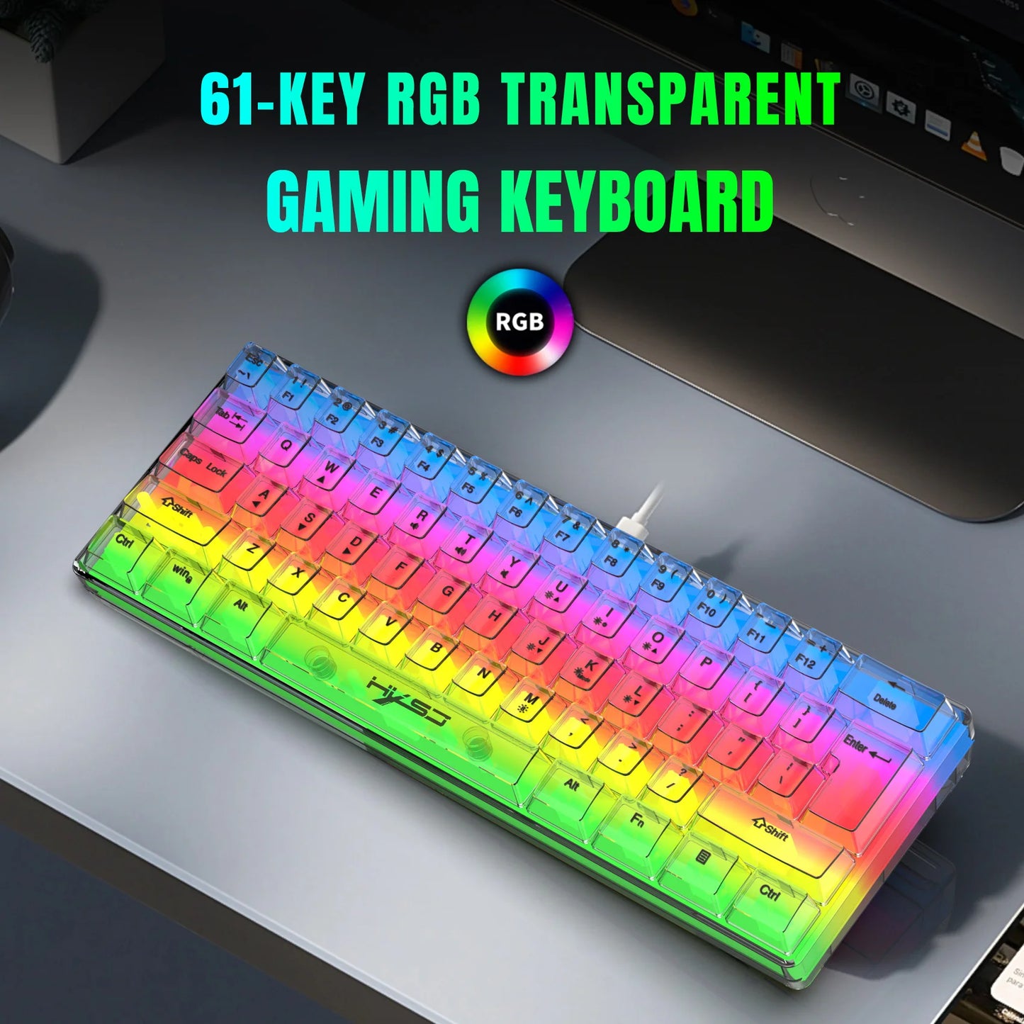 Teclado Gaming Transparente com Fio HXSJ 60%, Retroiluminação RGB, Ultra-Compacto, Impermeável, Teclado Compacto Pequeno de 61 Teclas para PC/Mac