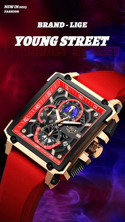 New LIGE Mens Watches Top Brand Luxury Hollow Square Sport Watch For Men Fashion Silicone Strap Waterproof Quartz WristWatch+Box