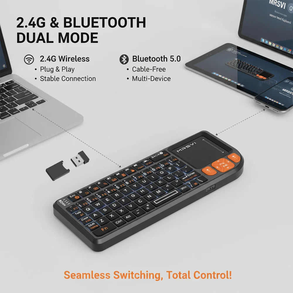 MRSVI Mini Teclado A8 PLUS, teclado sem fios retroiluminado 2.4GHz e Bluetooth5.0 com touchpad para Android TV Box, Mac, portátil, Windows