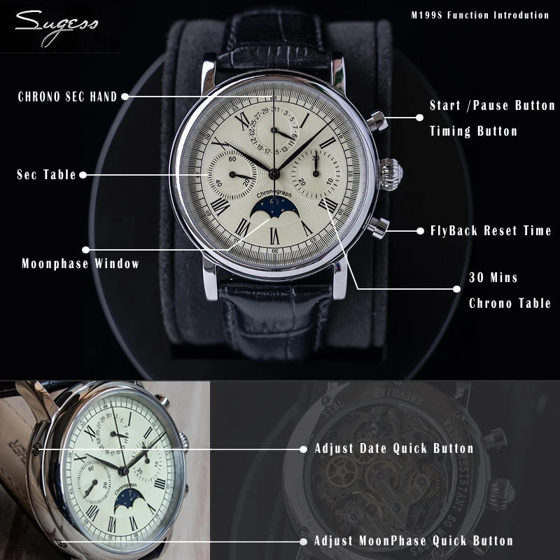 Sugess Men Watch ST1908 Swanneck Movement Mechanical Chronograph Wristwatch Genuine Moonphase Calendar Vintage Leather NEW 2023