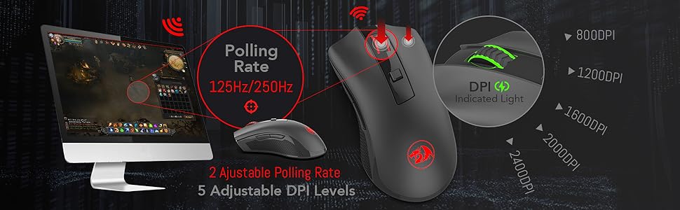 Mouse wireless ottico Redragon M652 2.4G con ricevitore USB, mouse portatile per gaming e ufficio, 5 livelli DPI regolabili
