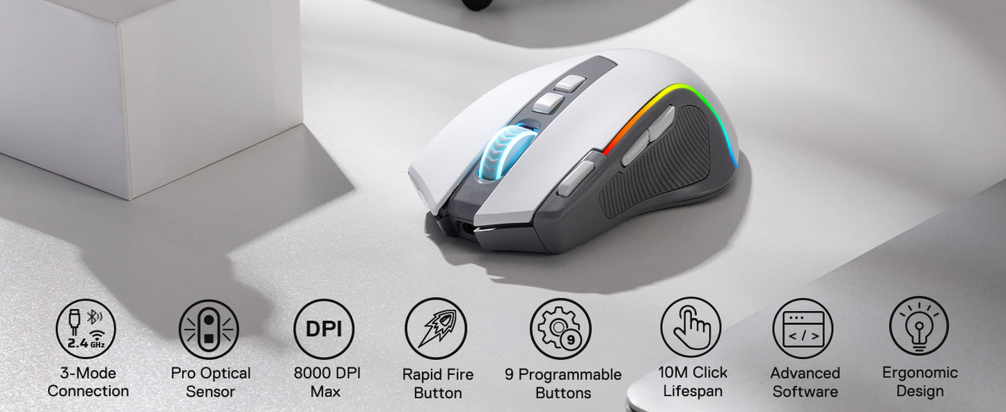 Mouse Gaming Redragon M612 PRO RGB BT 2.4G, ottico wireless 8000 DPI, 9 pulsanti programmabili, 7 modalità retroilluminate, B
