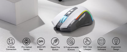 Mouse Gaming Redragon M612 PRO RGB BT 2.4G, ottico wireless 8000 DPI, 9 pulsanti programmabili, 7 modalità retroilluminate, B